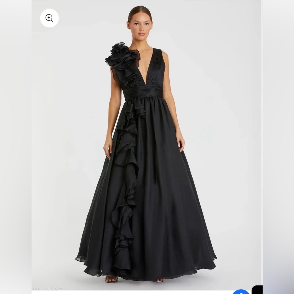 Black Ruffle Shoulder V-Neck Chiffon Gown